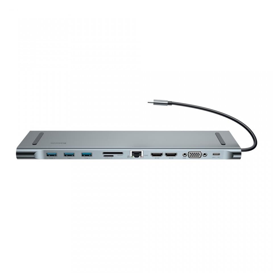 Докинг станция Baseus Enjoyment, от USB C към 1x USB C(PD), 3x USB A, 2x HDMI, 1x VGA, 1x RJ45, 1x SD/MicroSD четец на карти, сива