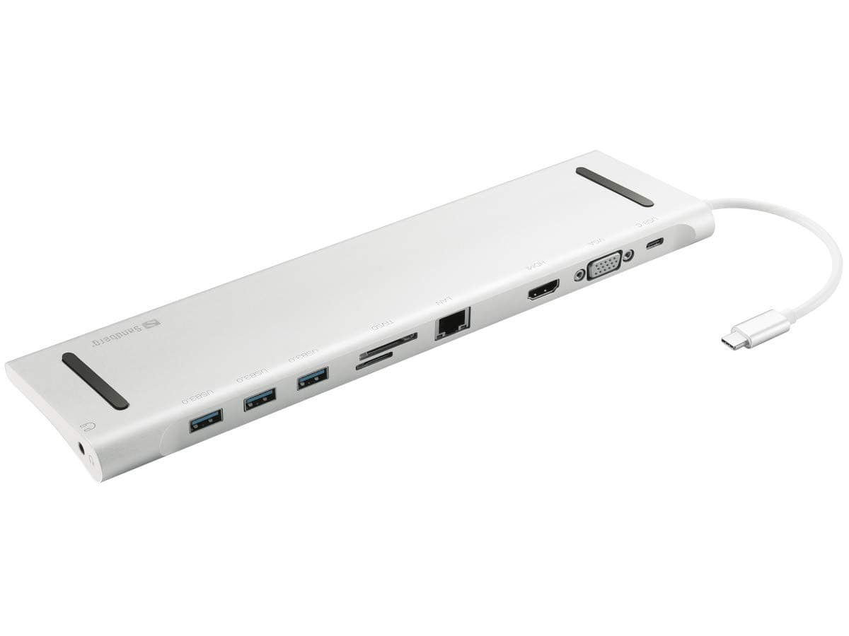 Докинг станция Sandberg 10 in 1 (136-31), от USB C към 1x USB C(PD), 3x USB A, 1x HDMI, 1x VGA, 1x RJ45, 1x SD/MicroSD четец на карти, 1x AUX, сив