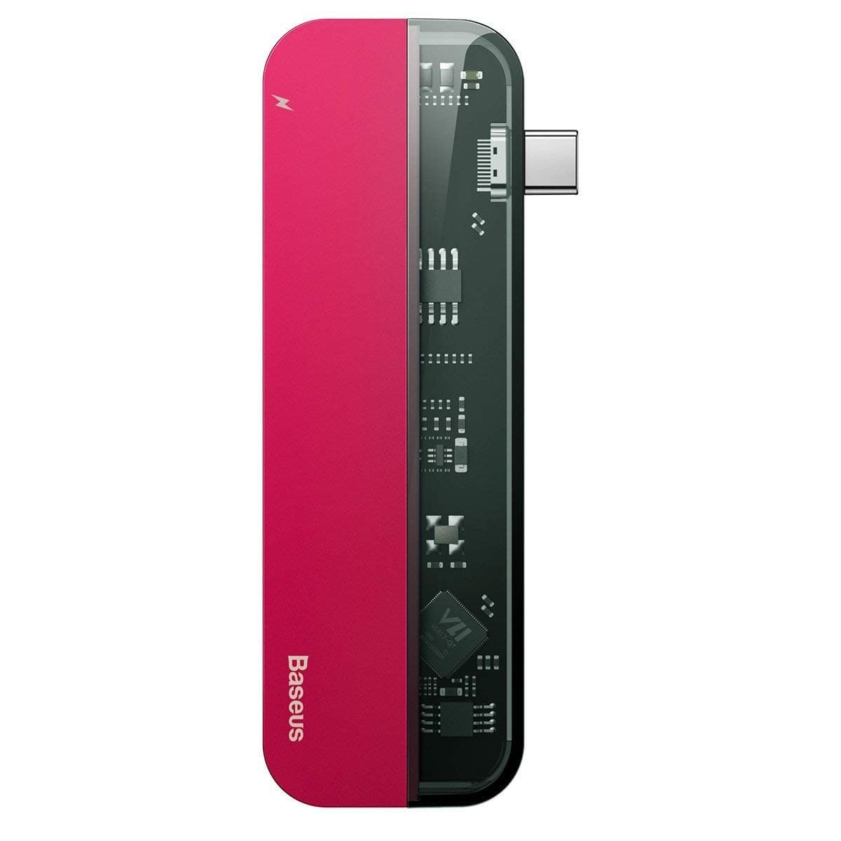 Докинг станция Baseus Transparent Series, от USB C към 2x USB C, 2x USB A, 1x HDMI, червена
