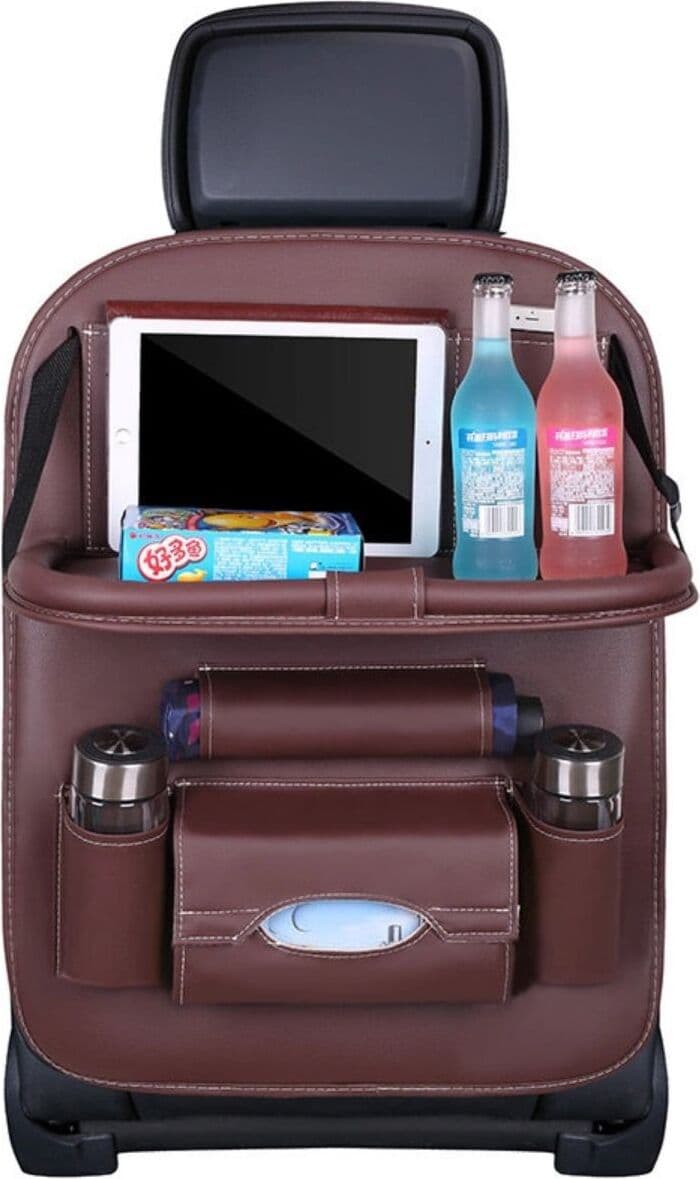 Сгъваем органайзер за седелаката на автомобил - Foldable Mini Shelf Multifunctional Car Seat Organizer (кафяв)