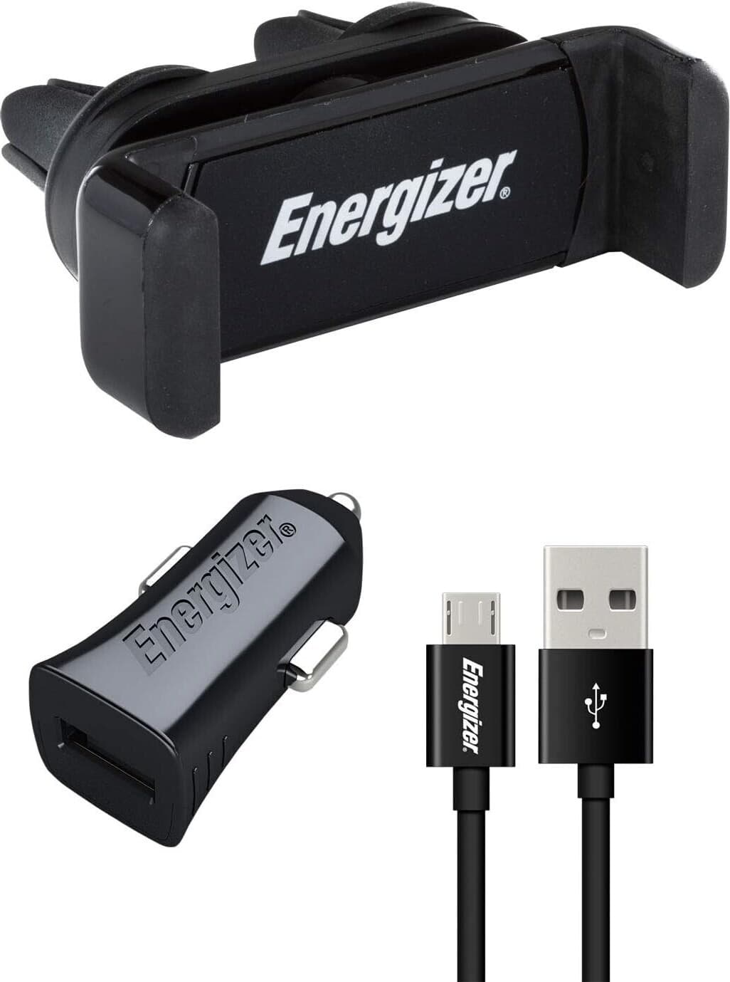 Комплект поставка за радиатора, зарядно за кола и microUSB кабел за мобилни телефони - Energizer Car Set Essentials Charger Set (черна)