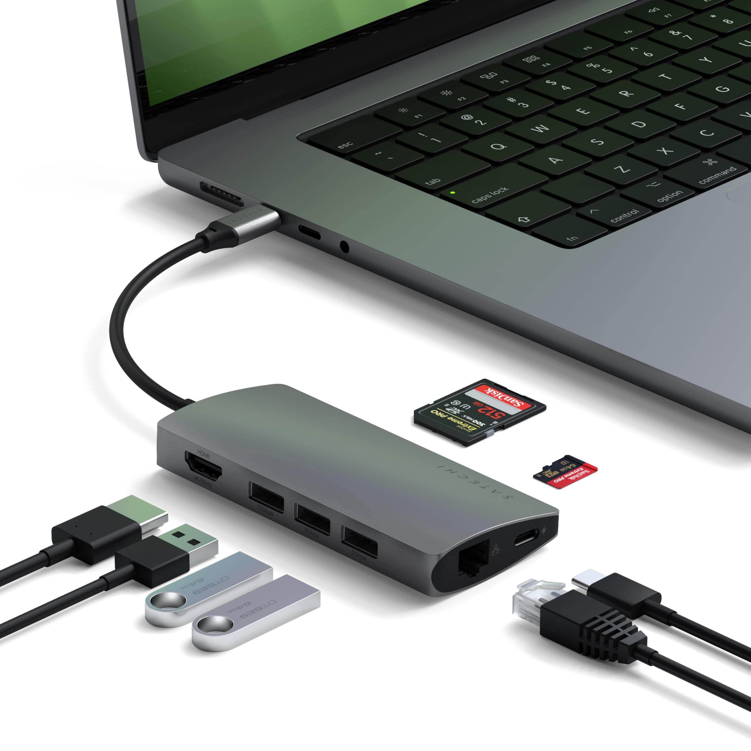 Докинг станция Satechi USB-C Aluminum Multiport 4K Adapter v2 Black (ST-TCMA2M), 1x USB-C 3.1 Type-C, 3x USB 3.0, HDMI, Ethernet, RJ-45, SD/Micro SD четец на карти, сива
