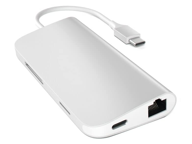 Докинг станция Satechi USB-C Aluminum Multiport Adapter Silver (ST-TCMAS), от USB C към 1x USB C(PD), 3x USB A, 1x HDMI, 1x RJ45, 1x SD/MicroSD четец на карти, сребриста