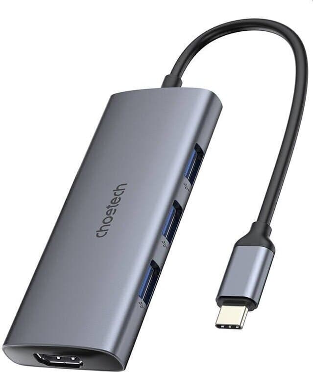 Докинг станция Choetech 7-in-1 USB-C Hub (HUB-M19), от USB C към 1x USB C(PD), 1x USB C, 3x USB A, 1x HDMI, 1x SD/MicroSD четец, сребриста