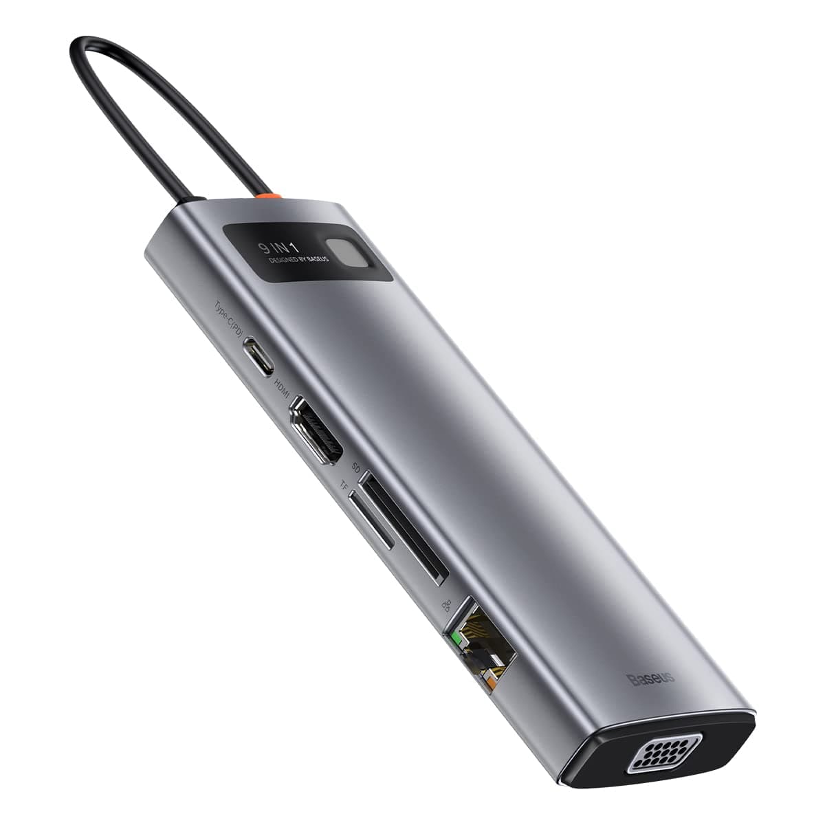 Докинг станция Baseus USB-C Metal Gleam Series 9-in-1 Hub (CAHUB-CU0G), от USB C към 1x USB C, 3x USB A, 1x HDMI, 1x VGA, 1x RJ45, 1x SD/MicroSD четец на карти, тъмносива