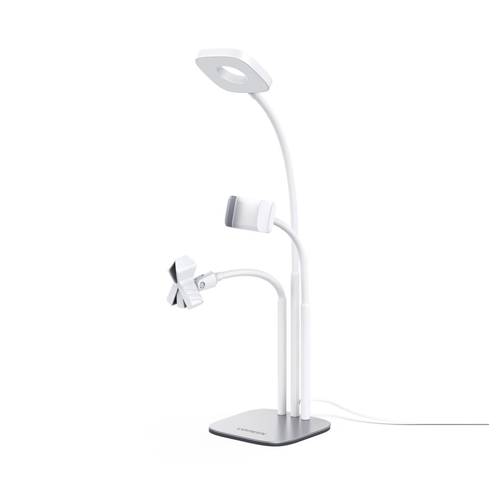 Поставка с държач за смартфон, щипка за миктрофон и LED светлина за предаване на живо - Ugreen LED Phone Stand Live Streaming Stand (бял)