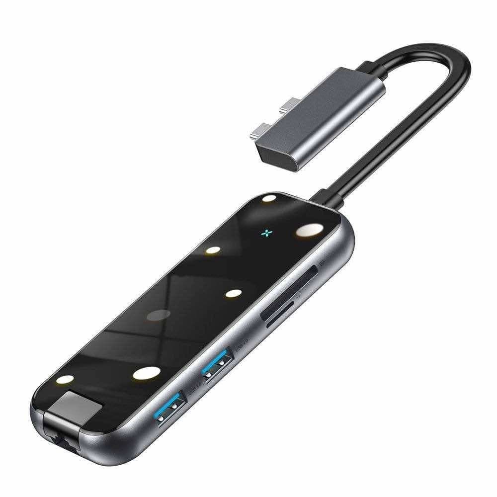 Докинг станция Baseus CAHUB-FZ0G, 1x USB C(PD), 2x USB A, 2x HDMI, 1x RJ45, 1x SD/MicroSD четец на карти, сива