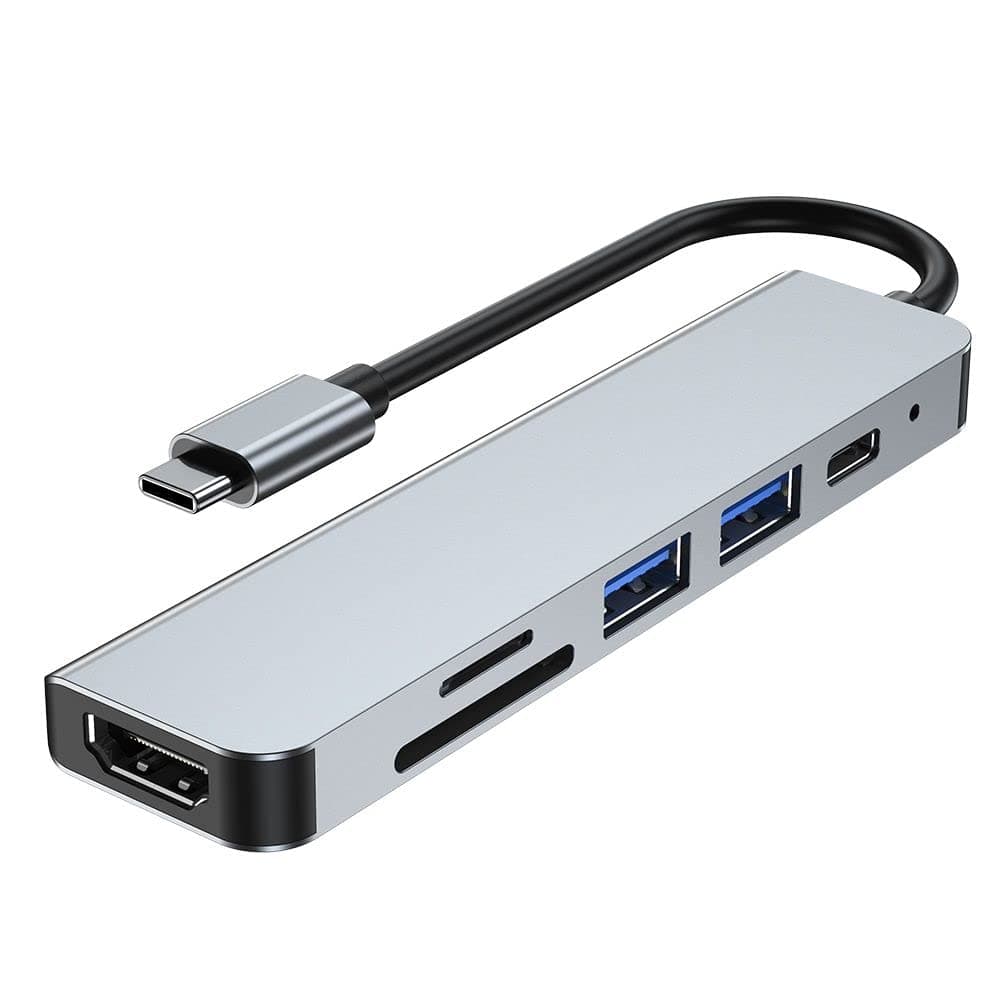 Докинг станция Tech-Protect USB-C Hub 6in1 v4, от USB C към 1x USB C, 2x USB A, 1x HDMI, 1x SD/MicroSD четец на карти, сива