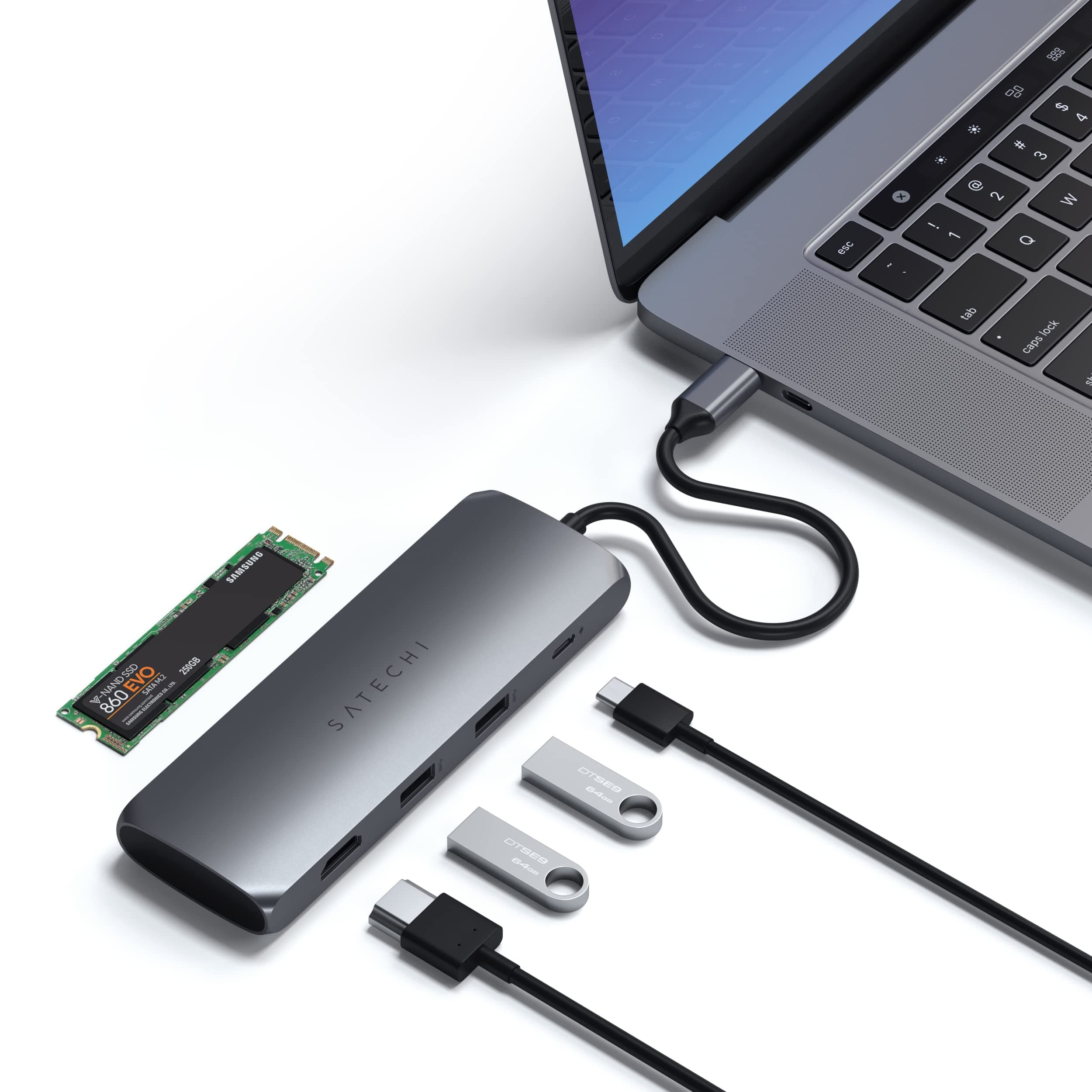 Докинг станция Satechi ST-UCHSEM Type-C, от USB C към 1x USB C(PD), 2x USB A, 1x HDMI, 1x M.2 SATA, сребриста