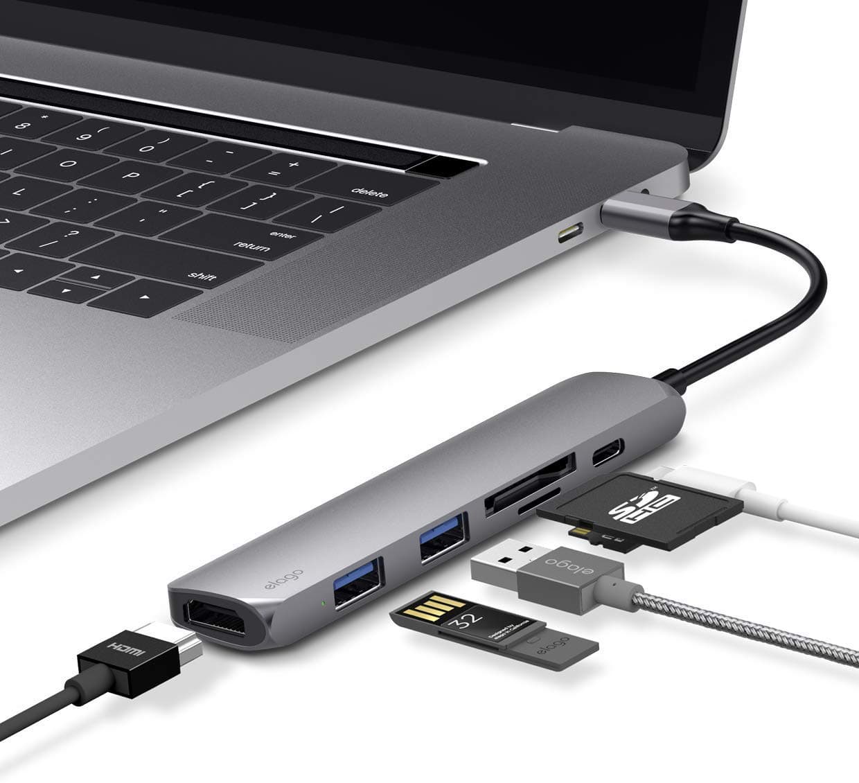 Докинг станция Elago Multi 6 in 1 (USBC-HB-CRHD-DG), от USB C към 1x USB C(PD), 2x USB A, 1x HDMI, 1x SD/MicroSD четец на карти, тъмносива