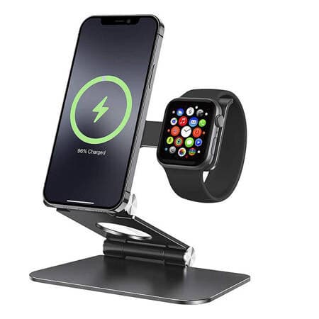 Алуминиева сгъваема поставка за зареждане на iPhone и Apple Watch, съвместима с Magsafe захранване и Apple Watch кабел - Omoton Aluminum MagSafe And Apple Watch Charging Stand (сив)