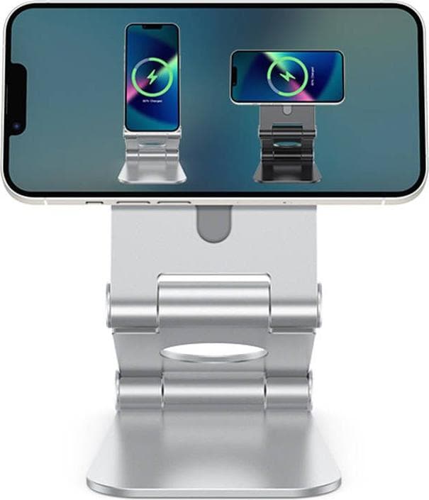Алуминиева сгъваема поставка за бюро и плоскости за iPhone, съвместима с MagSafe захранване - Omoton MS02 Foldable Stand (сребрист)