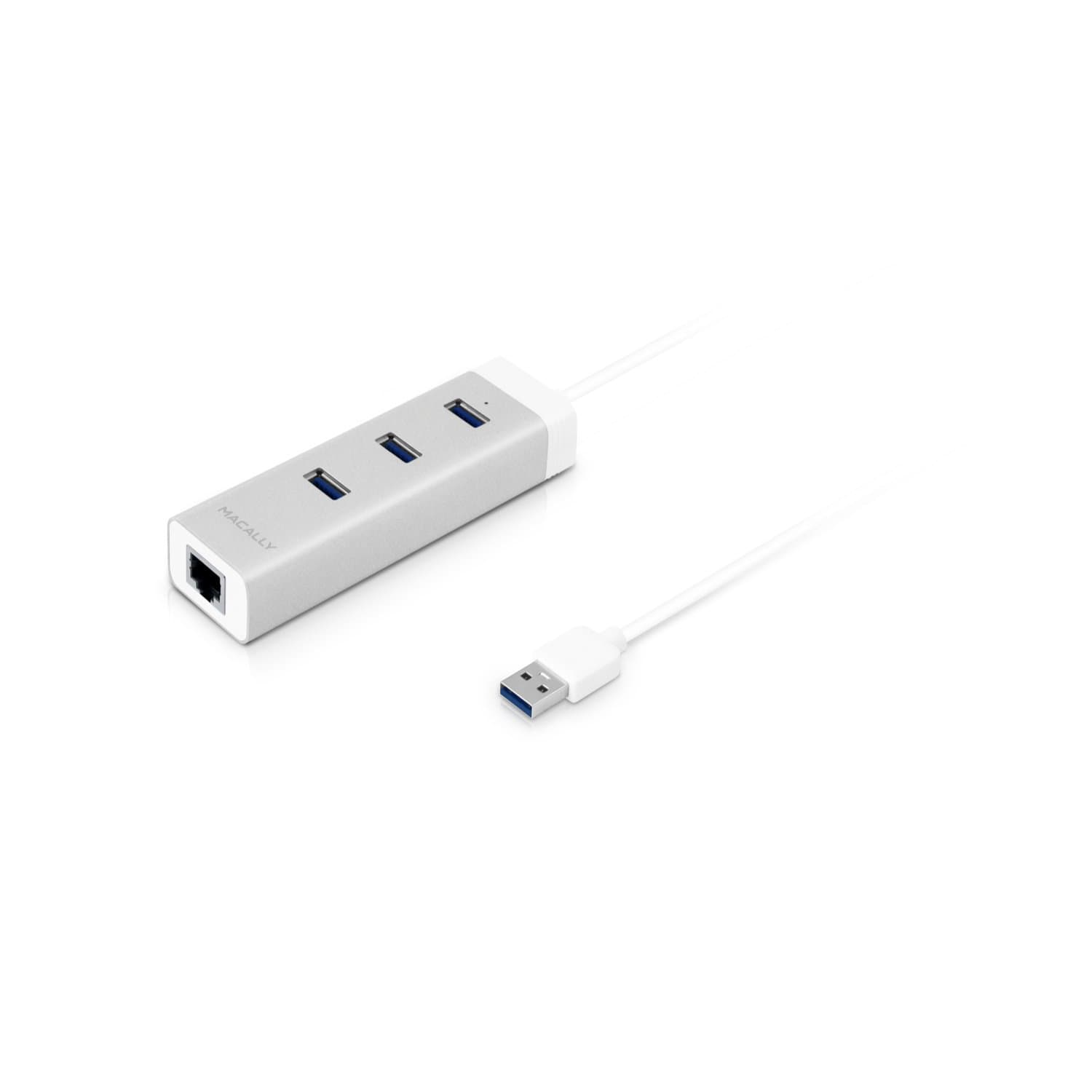 Докинг станция Macally U3HUBGBА, от USB A към 3x USB A, 1x RJ45, бяла
