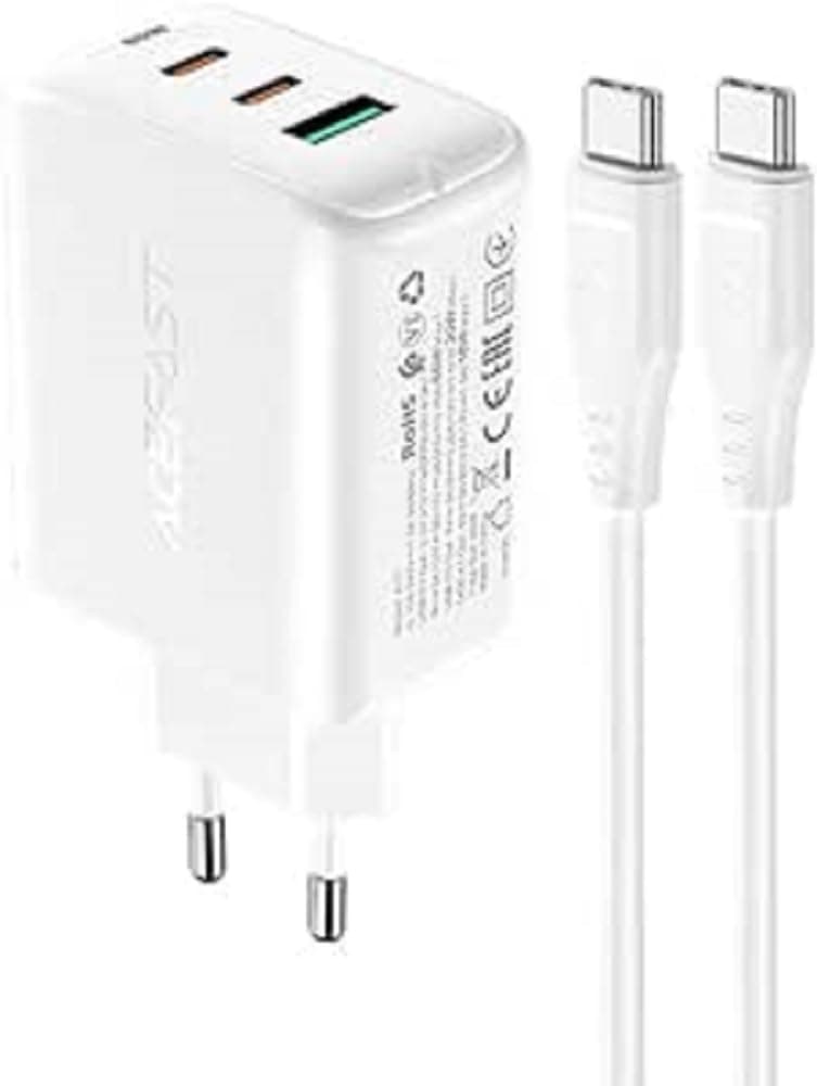 Захранване за ел. мрежа за лаптопи, смартфони и таблети с 2XUSB-C и USB-A изходи и USB-C към USB-C кабел - Acefast A13 PD 65W Charger (бял)