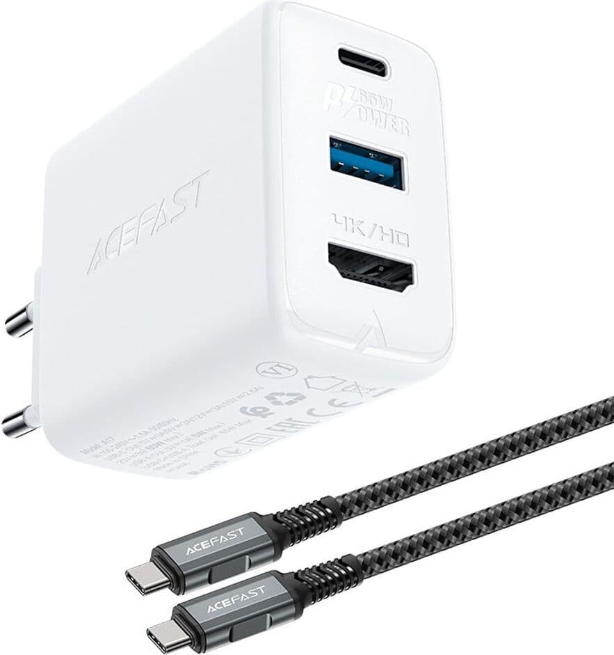 Захранване за ел. мрежа за лаптопи, смартфони и таблети с USB-C и USB-A изходи, HDMI порт и USB-C към USB-C кабел - Acefast A17 65W GaN Charger (бял)