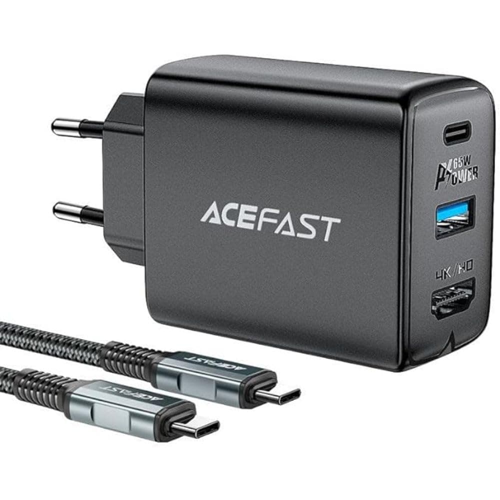 Захранване за ел. мрежа за лаптопи, смартфони и таблети с USB-C и USB-A изходи, HDMI порт и USB-C към USB-C кабел - Acefast A17 65W GaN Charger (черен)