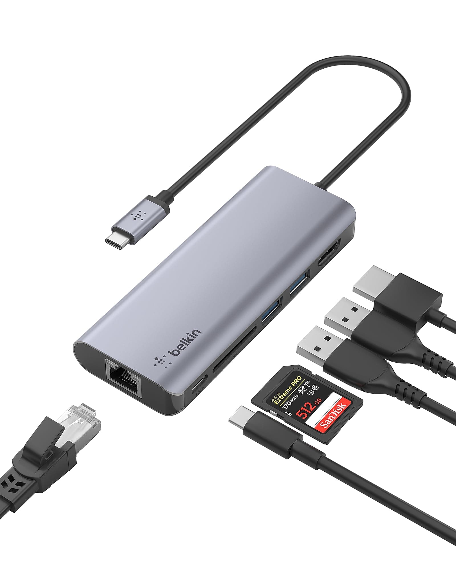 Докинг станция Belkin Connect 6-in-1 Multiport Hub, от USB C към 2x USB A, 1x USB C, 1x HDMI 4K, 1x RJ-45, 1x SD четец, тъмносива