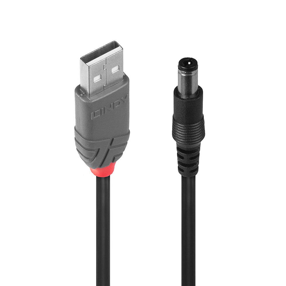 LINDY LNY-70267 :: Захранващ кабел USB Type A M към жак с 2.5 мм / 5.5мм вътрешен/външен диаметър, DC 5V/0.9A, 1.5 м