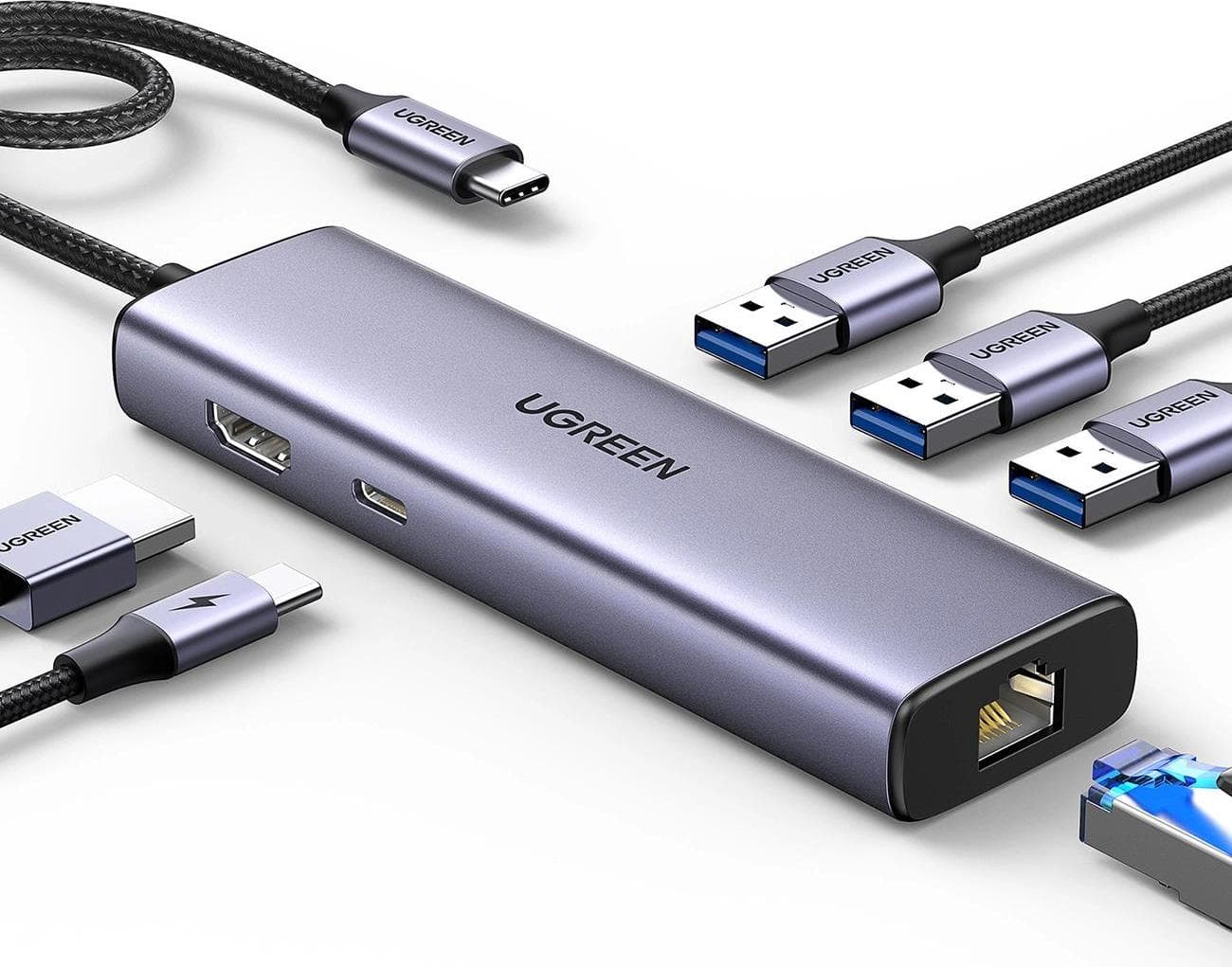 Докинг станция Ugreen CM512, от USB-C към 1x USB-C(PD), 3x USB-A, 1x HDMI, 1x RJ45, сива