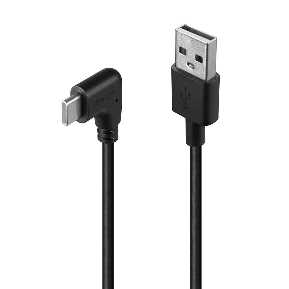 LINDY LNY-32000 :: Кабел USB 2.0, Type A към C, M/M, ъглов, 90° надясно, черен, 0.5 м