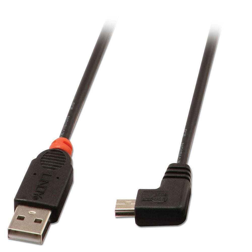LINDY LNY-31971 :: Кабел USB 2.0, Type A към Mini-B, M/M, ъглов, 90° надясно, черен, 1.0 м