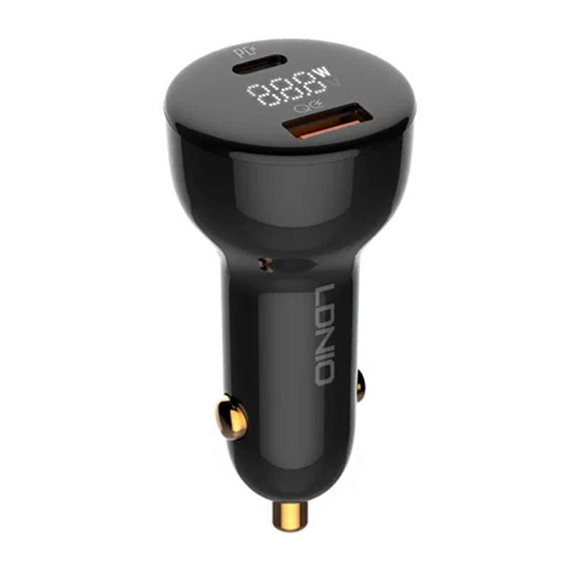 Зарядно за кола с USB-A и USB-C изходи с технология за бързо зареждане и USB-C към USB-C кабел - LDNIO Digital Display Dual Quick Car Charger 100W (черен)