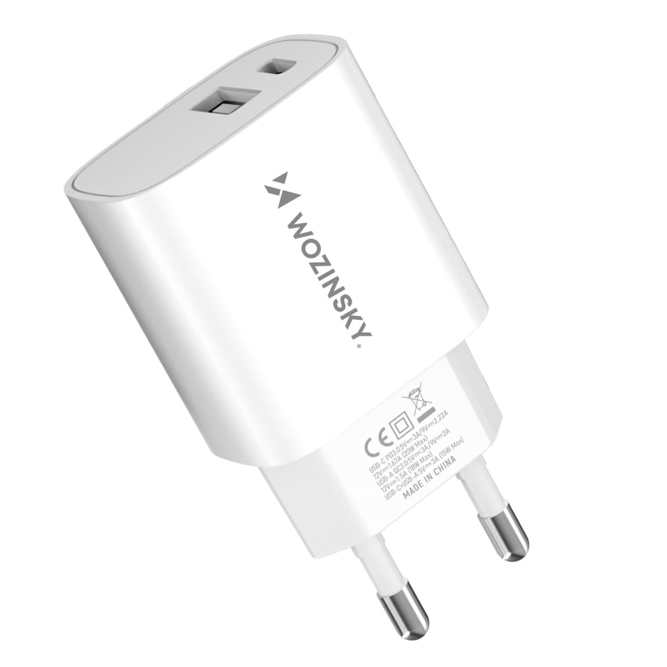 Захранване за ел. мрежа с USB-A и USB-C изходи и технология за бързо зареждане - Wozinsky WGWCW Dual Fast Wall Charger 20W (бял)