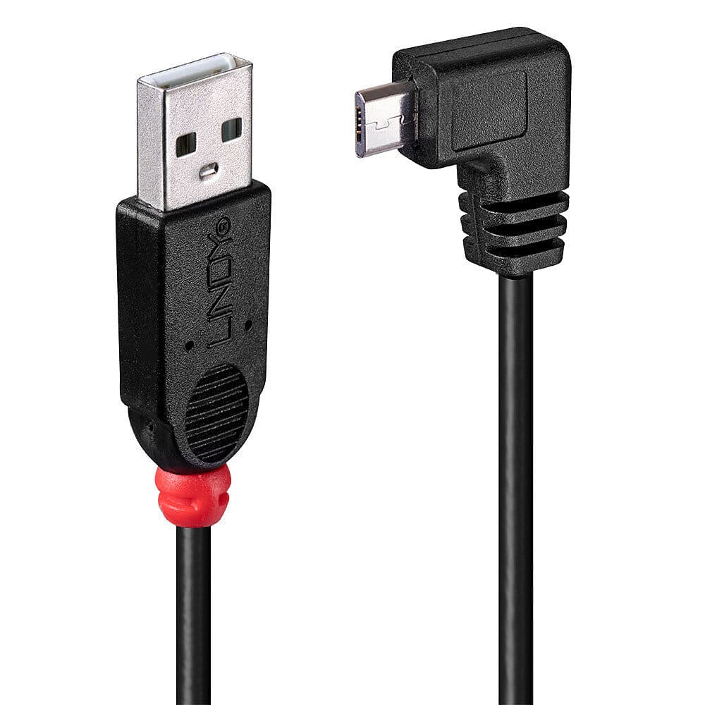 LINDY LNY-31977 :: Кабел USB 2.0, Type A - Micro B, M/M, 90° под ъгъл, десен, черен, 2.0 м