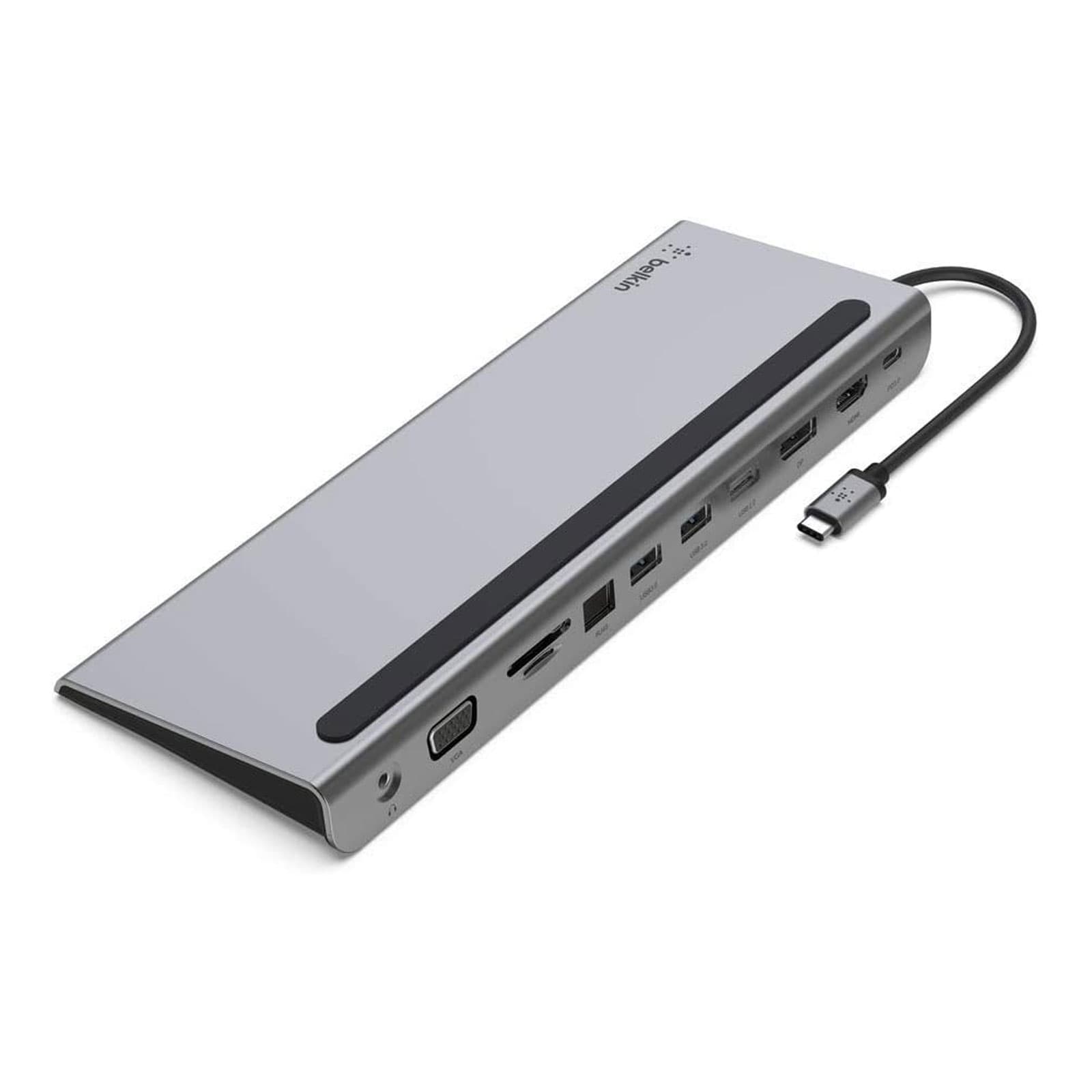 Докинг станция Belkin INC004BTSGY, от USB Type-C към 1x USB-C(PD), 3x USB-A, 1x DisplayPort, 1x HDMI, 1x VGA, 1x AUX, 1x RJ45, 1x SD/MicroSD четец, сива