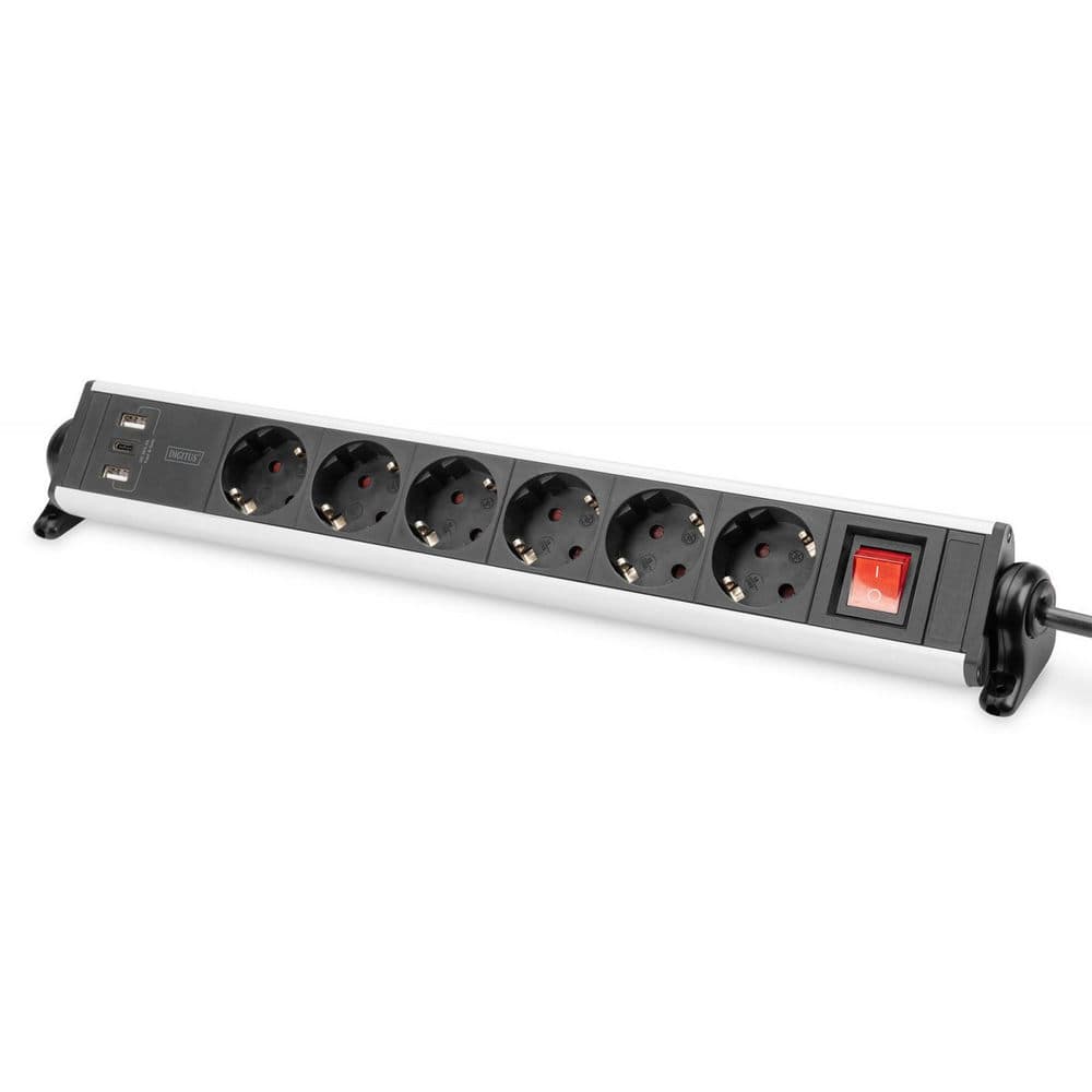 DIGITUS DA-70624 :: Разклонител, 6х гнезда, 2х USB А и 1х USB C порта, с копче, 1.5м