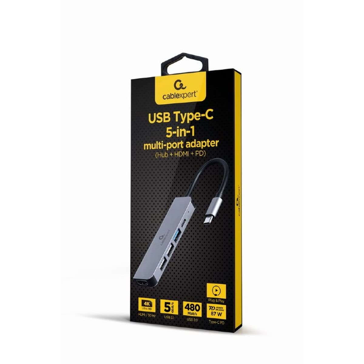 Докинг станция Gembird A-CM-COMBO5-03, от USB-C към 1x USB-C, 3x USB-A, 1x HDMI, сива