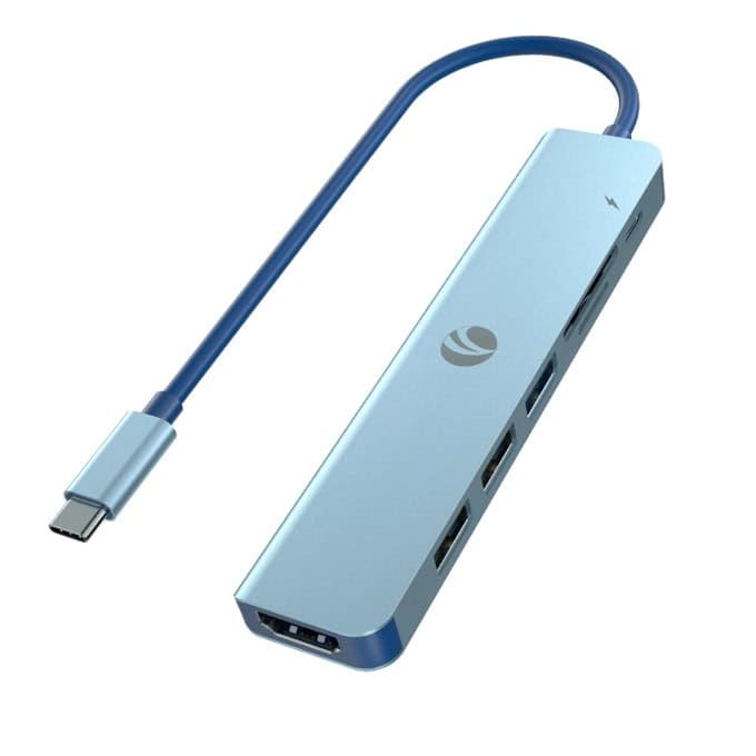 Докинг станция VCom CUE18, от USB-C към 1x USB-C(PD), 3x USB-A, 1x HDMI, 1x SD/MicroSD четец, синя