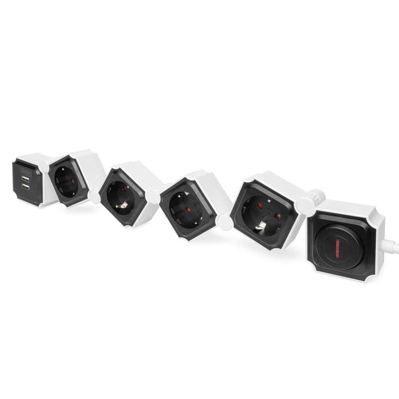 DIGITUS DA-70620 :: Сгъваем електрически разклонител, 4 гнезда, с 2 USB порта и ключ