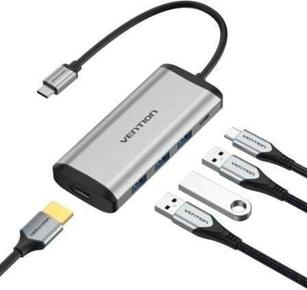 Докинг станция Vention CNBHB, от USB-C към 1x USB-C(PD), 3x USB A, 1x HDMI, сива