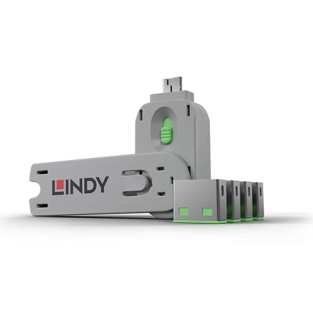 LINDY LNY-40451 :: Система за заключване на USB портове, 1 ключ, 4 порт блокера, зелен