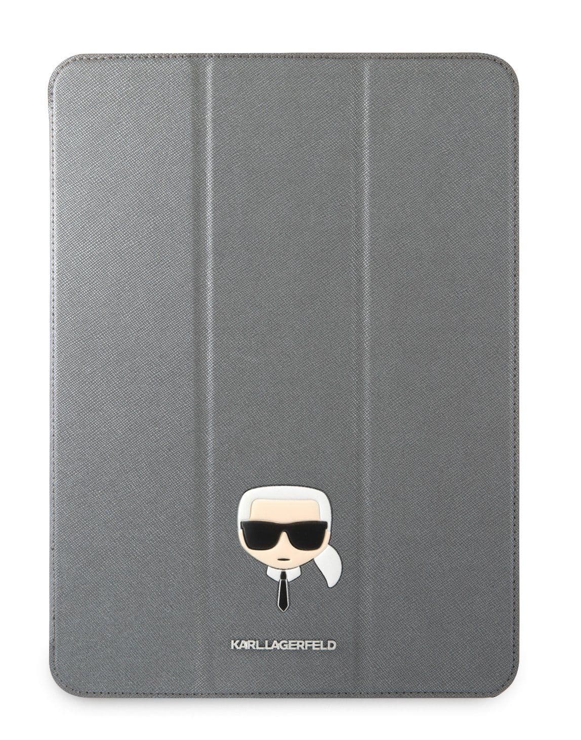 Дизайнерски кожен кейс с поставка за iPad Pro 12.9 M1 (2021) - Karl Lagerfeld Saffiano Head Folio Case (сребрист)