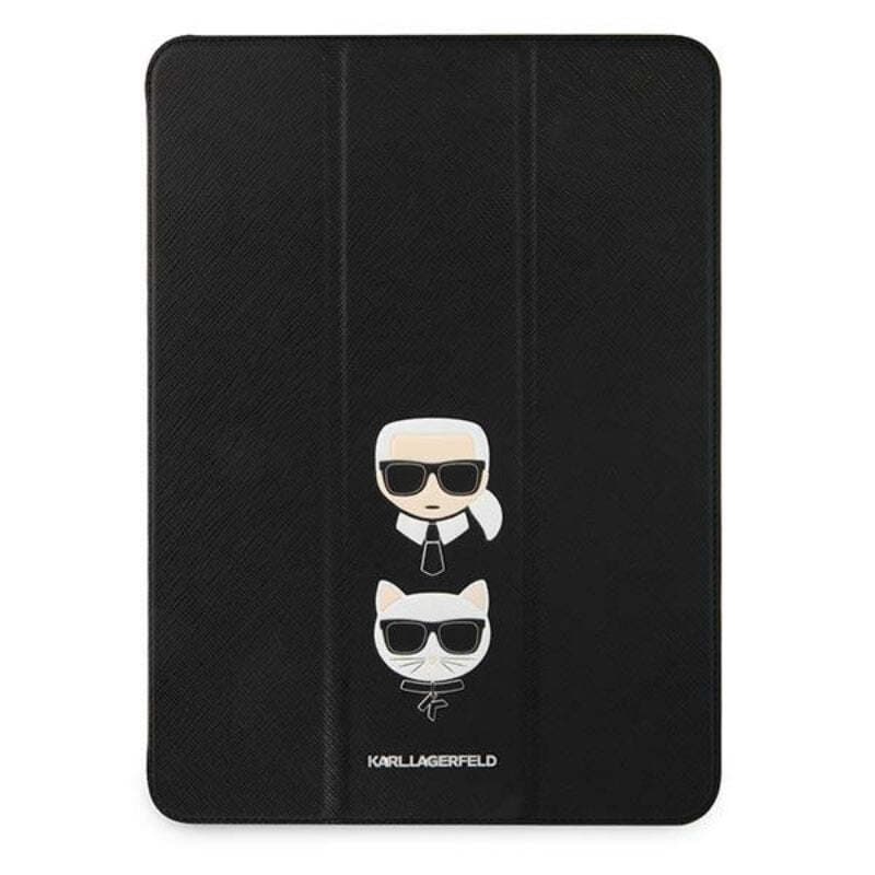 Дизайнерски кожен кейс с поставка за iPad Pro 12.9 M1 (2021) - Karl Lagerfeld Saffiano Karl & Choupette Heads Folio Case (черен)