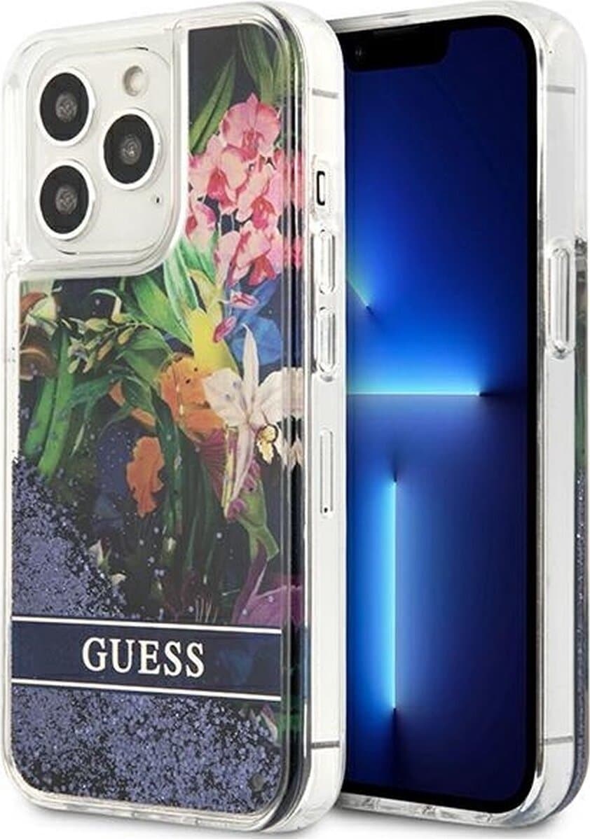 Дизайнерски кейс с висока защита за iPhone 13 Pro - Guess Liquid Glitter Flower Case (син)