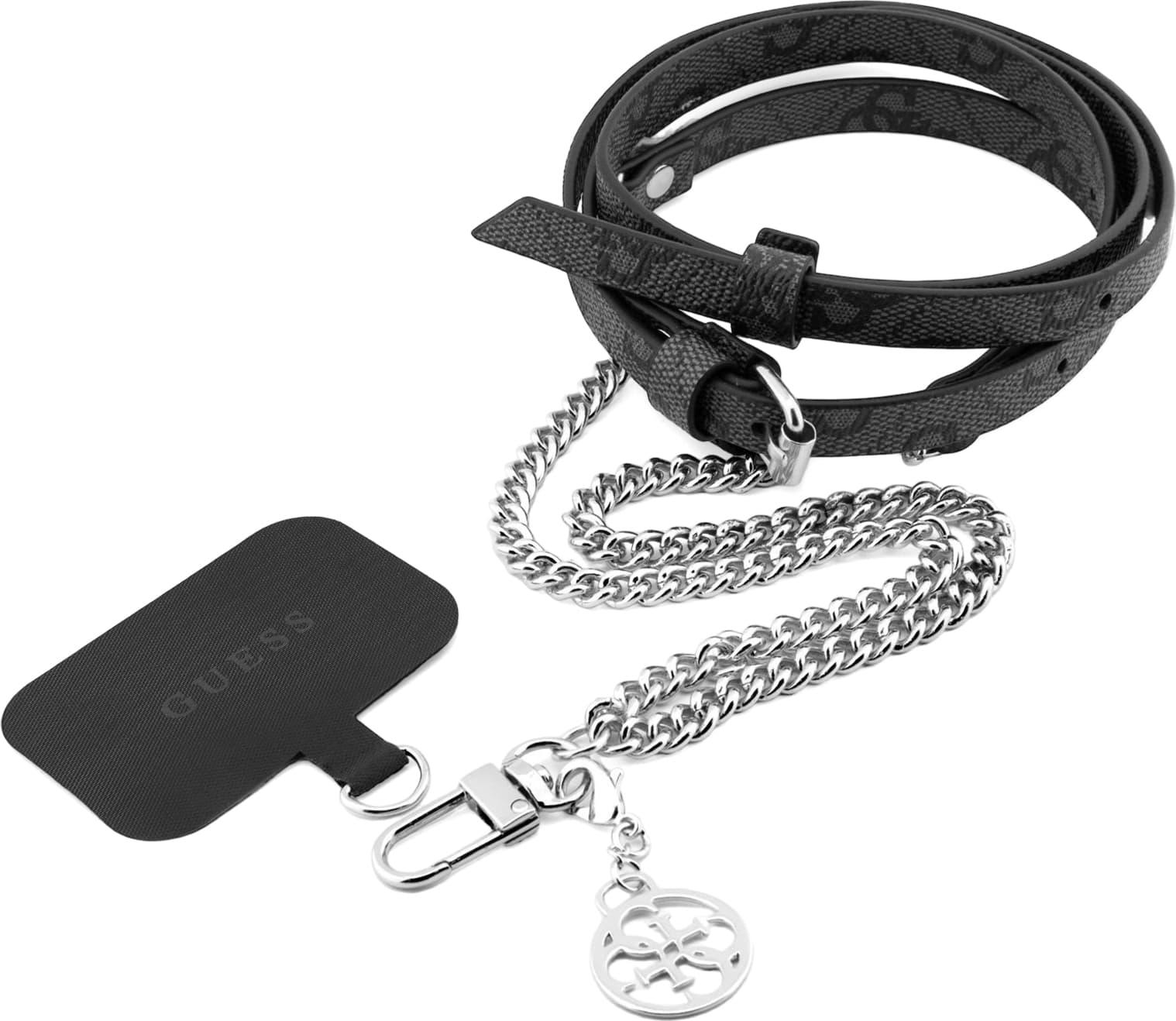 Универсална връзка за носене през врата за смартфони - Guess PU 4G Universal Crossbody Strap With Charm (черен-сребрист)