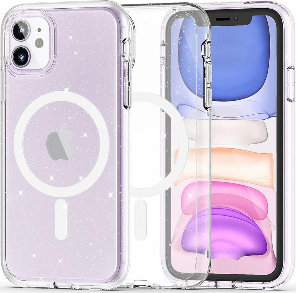 Хибриден удароустойчив кейс с MagSafe за iPhone 11 - Tech-Protect Flexair Glitter Hybrid MagSafe Case (прозрачен)