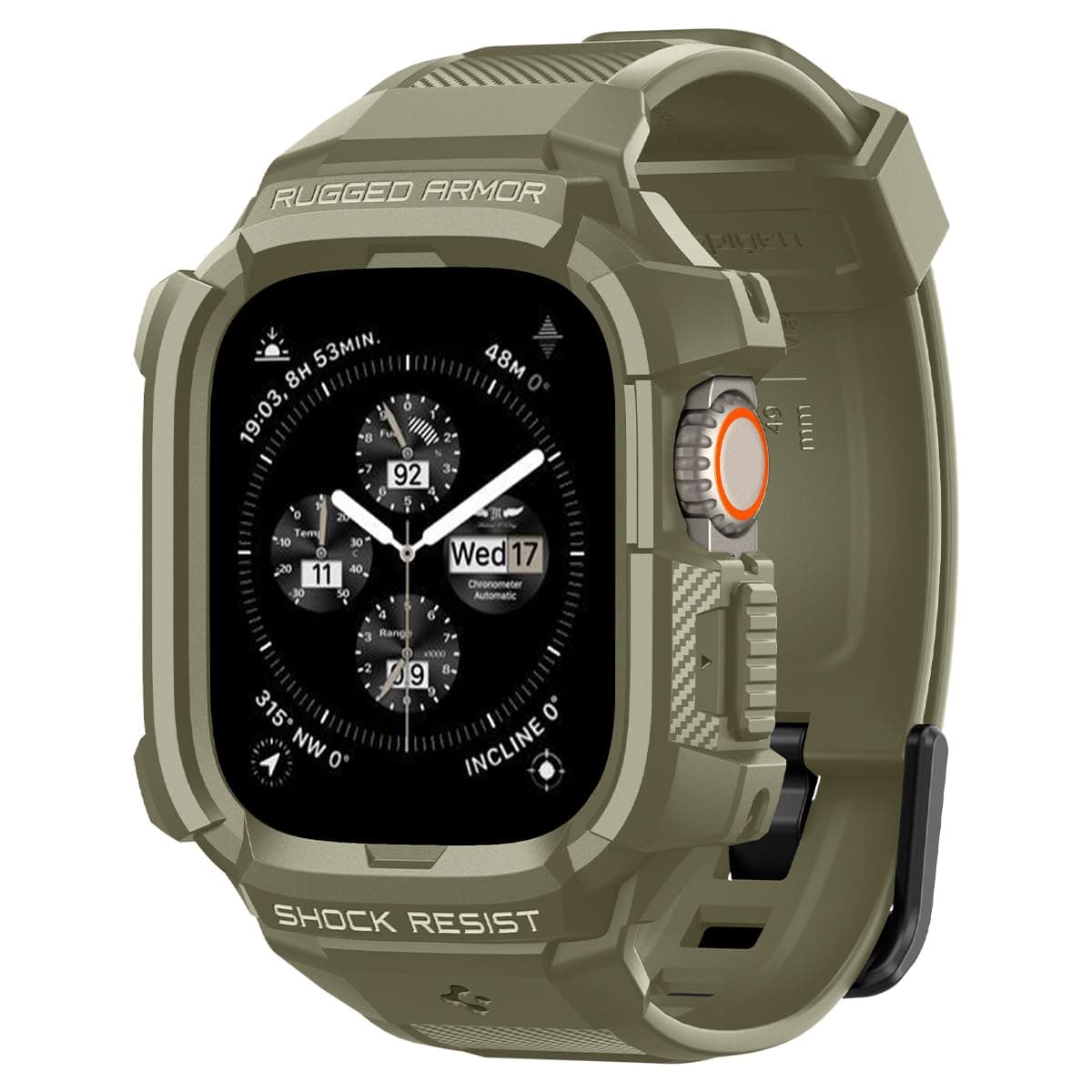 Удароустойчив TPU кейс с вградена каишка за Apple Watch Ultra, Ultra 2, Ultra 3 49 мм - Spigen Rugged Armor Case Pro (зелен)