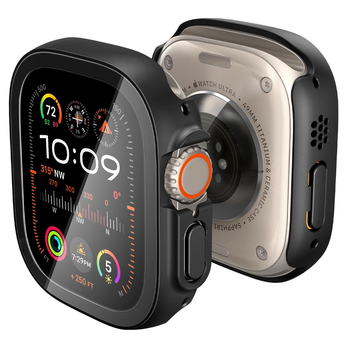 Качествен твърд кейс с вграден стъклен протектор за дисплея на Apple Watch Ultra, Ultra 2, Ultra 3 49мм - Spigen Thin Fit 360 Case (черен)