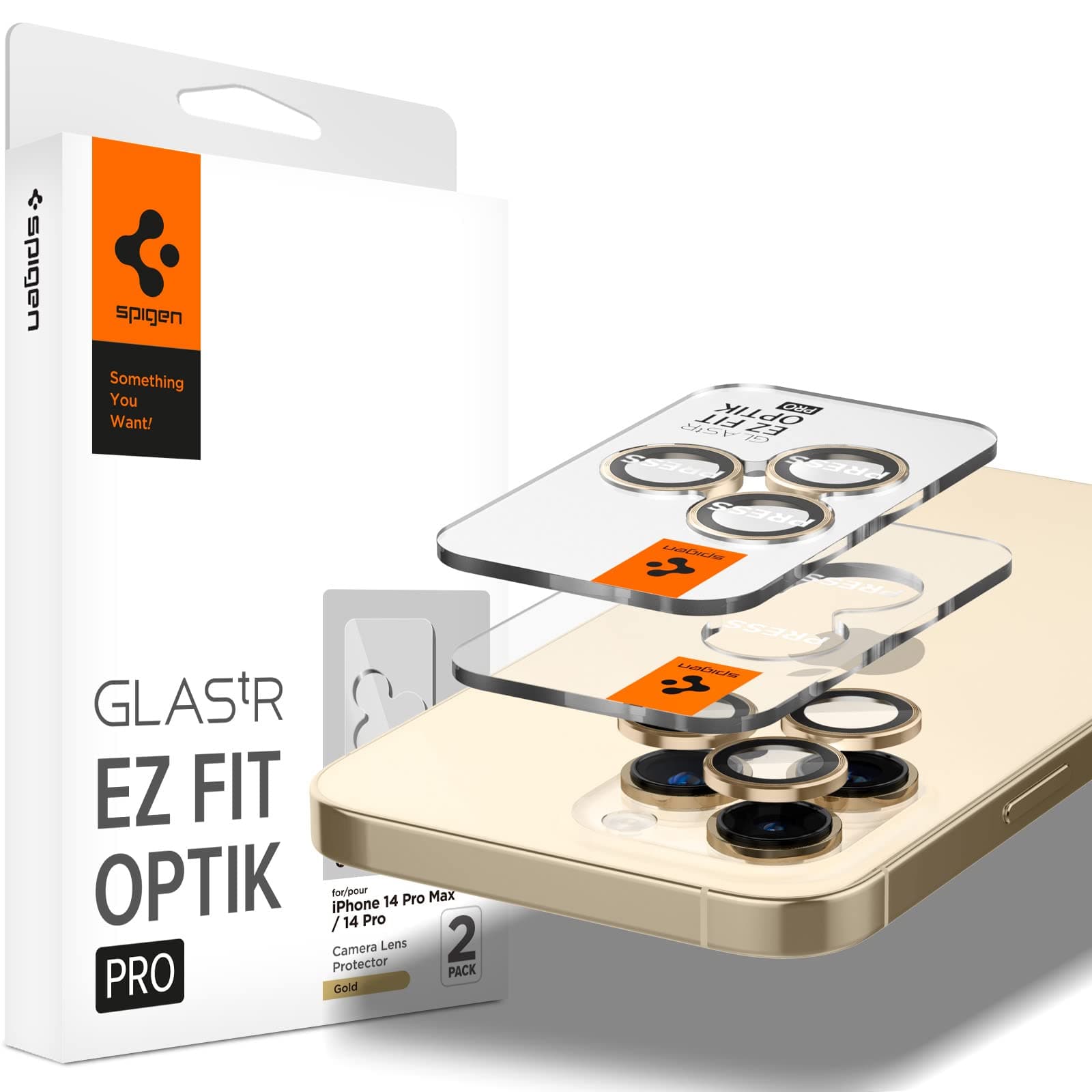 2 комплекта предпазни стъклени лещи за камерата на iPhone 14 Pro, iPhone 14 Pro Max - Spigen Optik Pro tR Ez Fit Lens Protector (златист)
