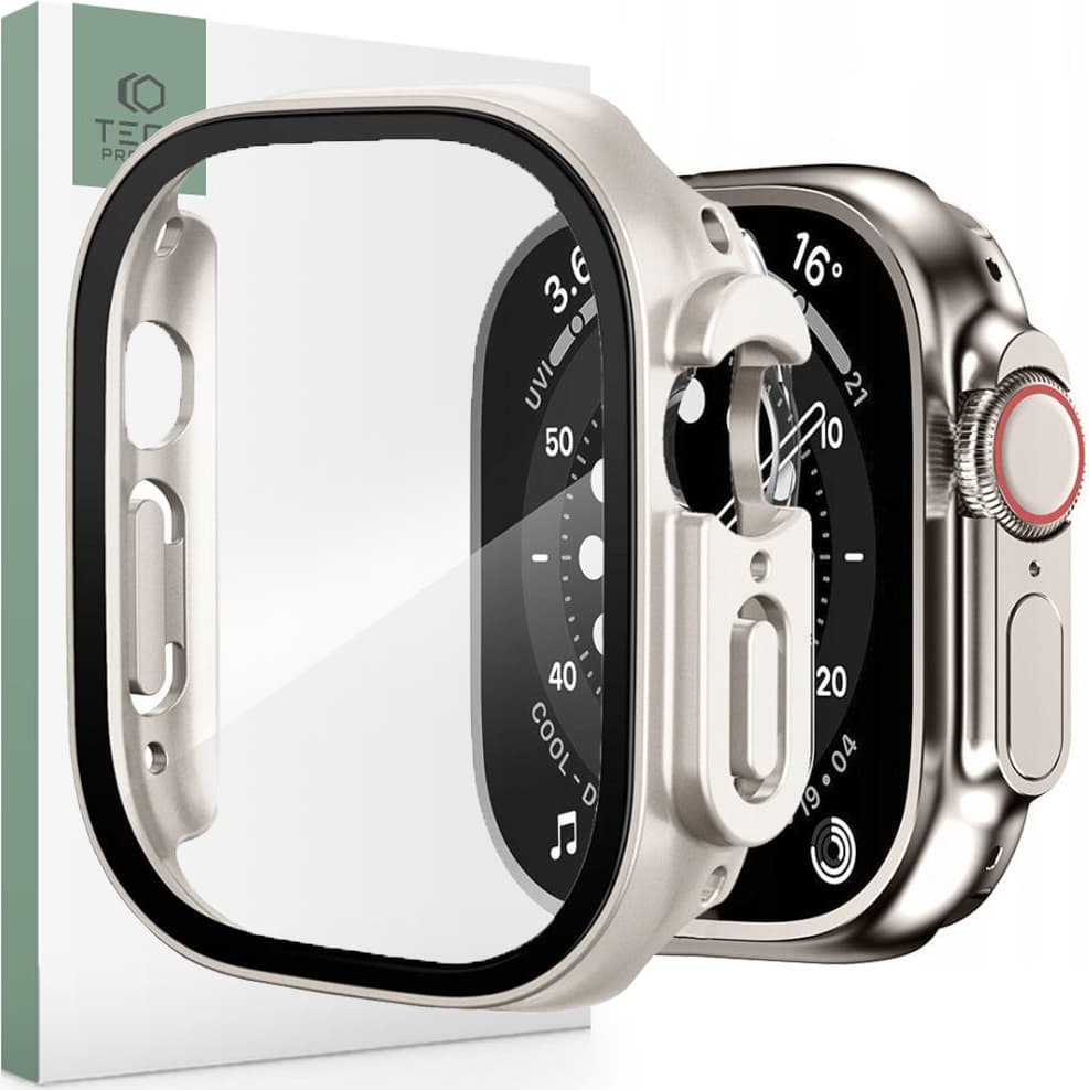 Качествен твърд кейс с вграден стъклен протектор за дисплея на Apple Watch Ultra, Ultra 2 49мм - Tech-protect Defense360 Case (бежов)