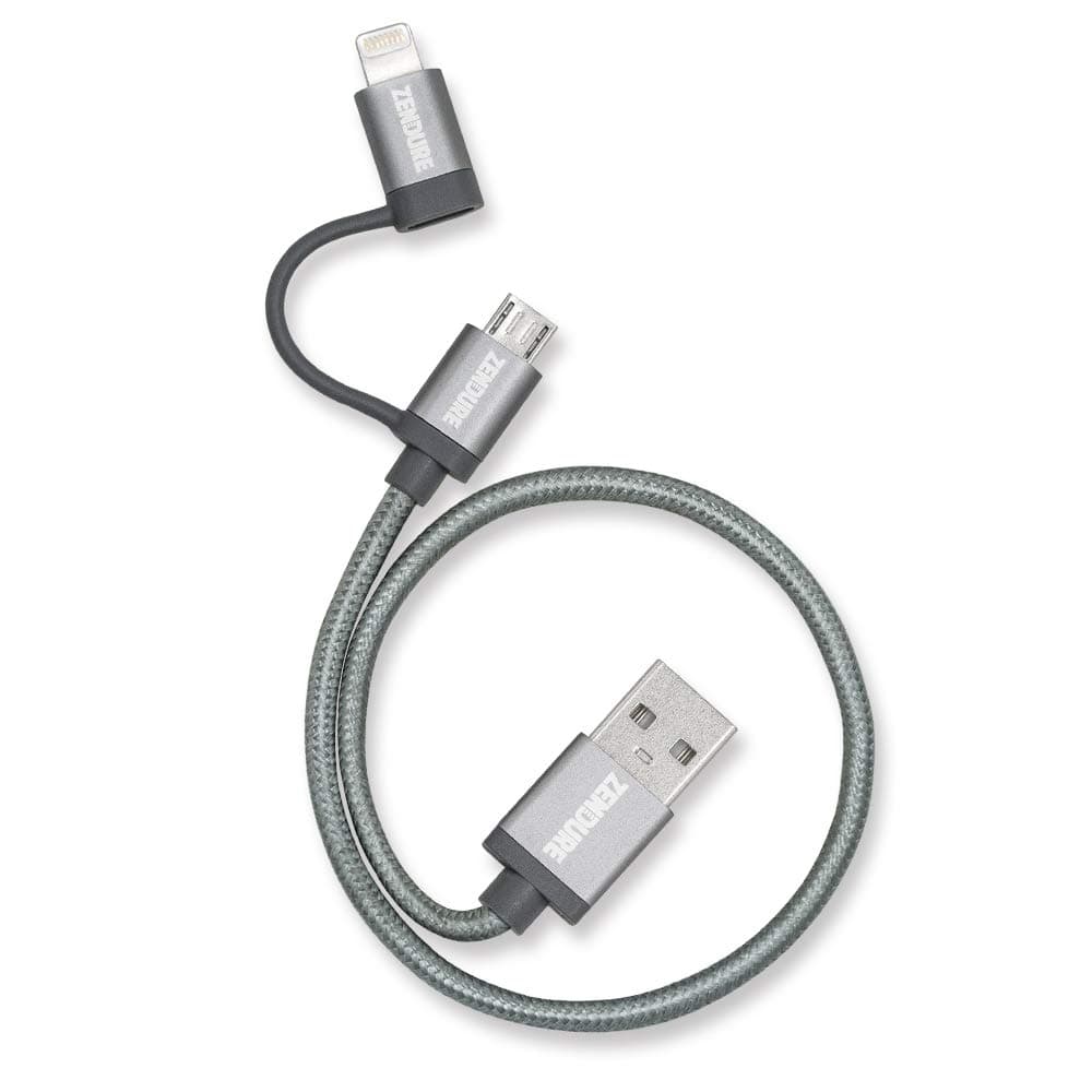 Качествен USB-A кабел с Lightning и microUSB конектори (30 см) - Zendure Braided 2in1 Universal MFI Cable (сив)