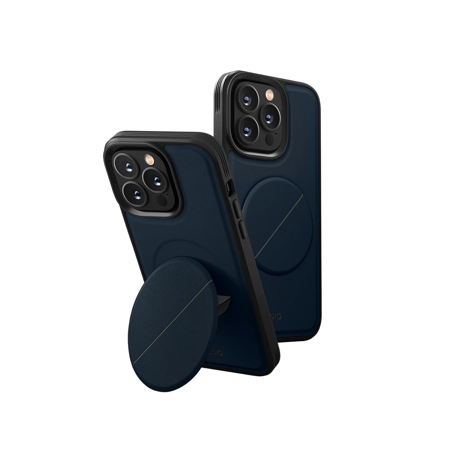 Хибриден удароустойчив кожен кейс с поставка против изпускане за iPhone 14 Pro - Uniq Novo Case With Foldable Stand (син)