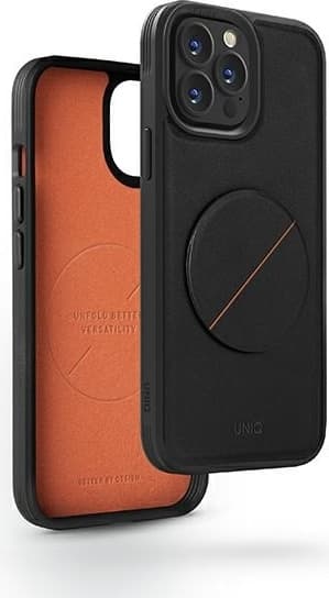 Хибриден удароустойчив кожен кейс с поставка против изпускане за iPhone 14 Pro - Uniq Novo Case With Foldable Stand (черен)