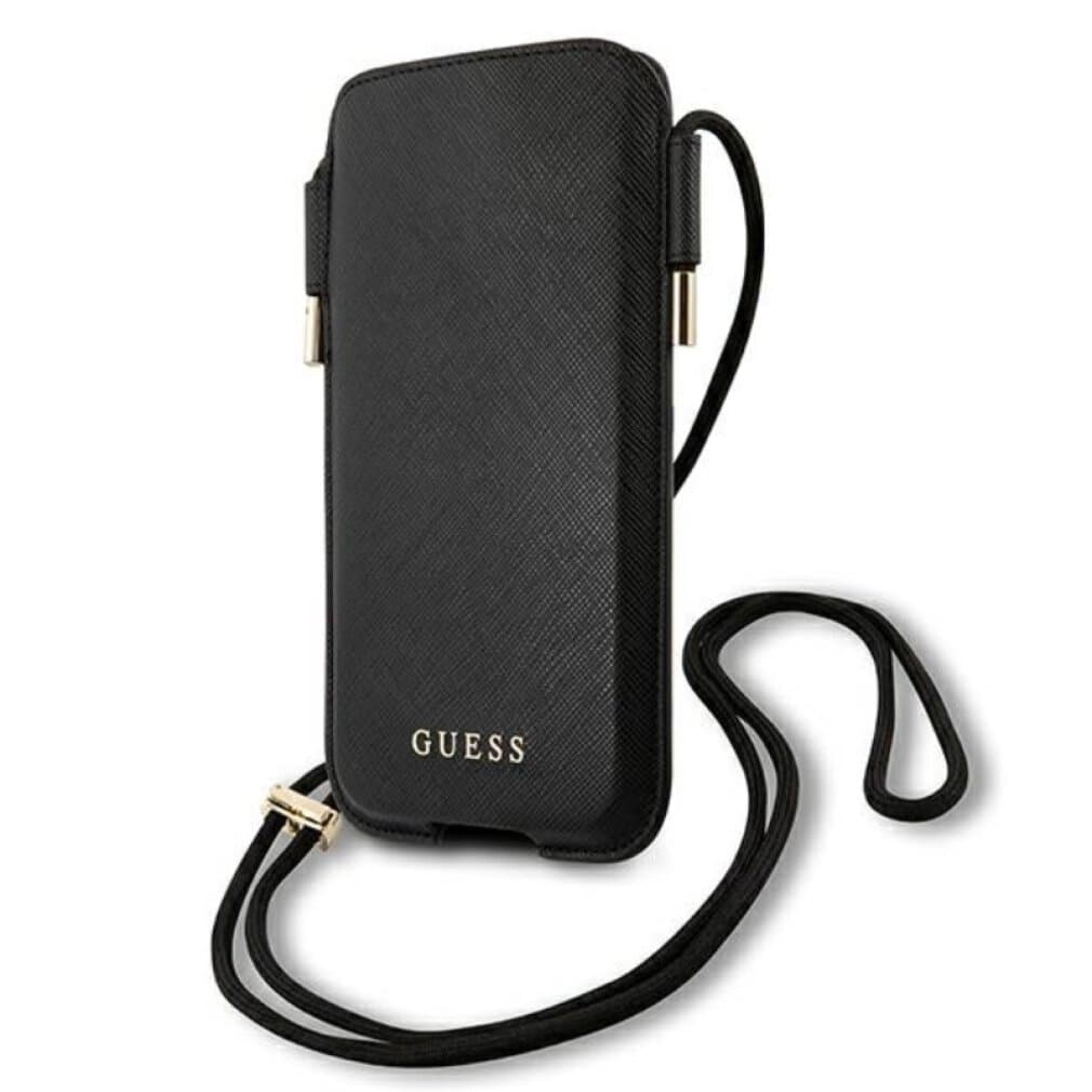 Кожен калъф с връзка за мобилни телефони (черен) - Guess PU Saffiano Pouch Script Logo S/M