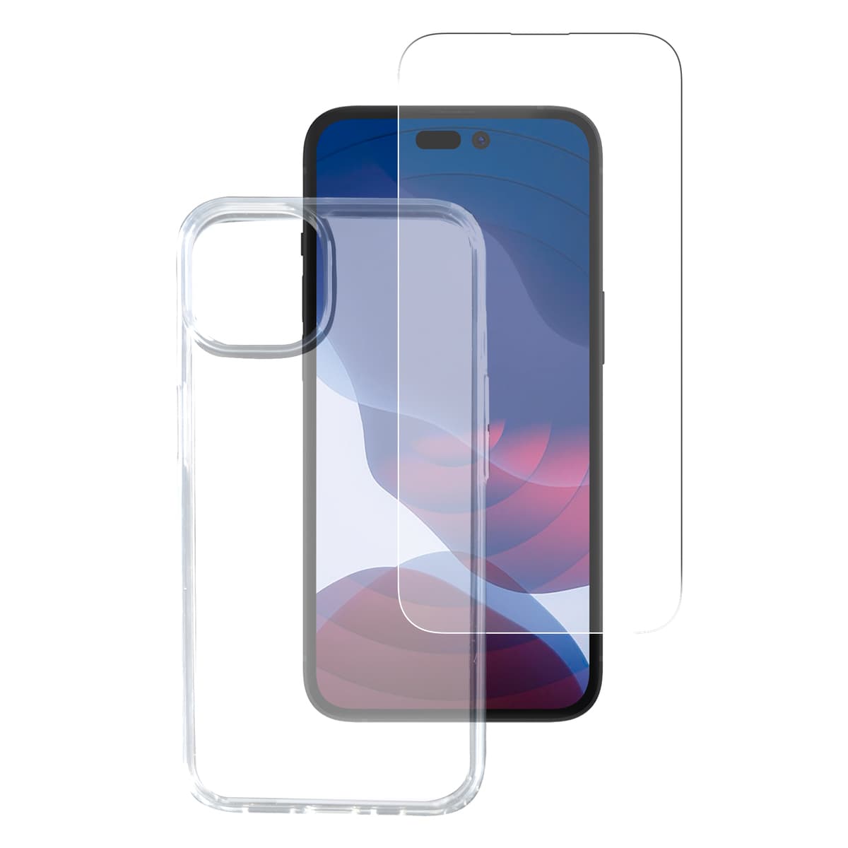 Тънък силиконов кейс и стъклено защитно покритие за дисплея на iPhone 14 Pro Max - 4smarts 360° Starter Set X-Pro Glass (прозрачен)
