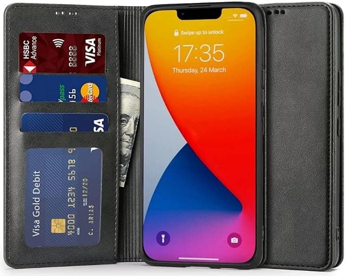 Кожен калъф, тип портфейл за iPhone 14 Plus - Tech-Protect Wallet Leather Flip Case (черен)